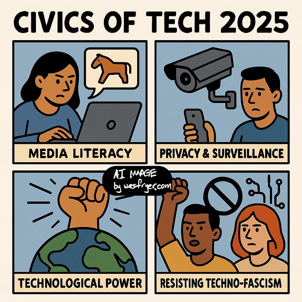 **Alt Text:** Four-panel comic titled *“Civics of Tech 2025”* showing themes of media literacy (Trojan horse on screen), surveillance (man watched by camera), tech power (fist rising from globe), and resistance (people protesting oppressive tech).