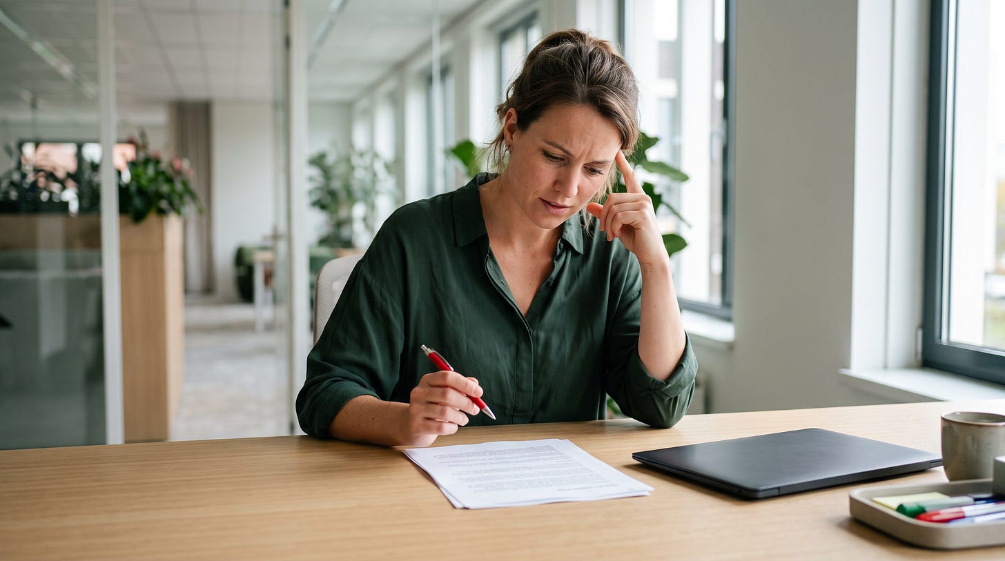 Een beleidsmedewerker houdt haar rode pen boven een strak geprinte notitie en twijfelt