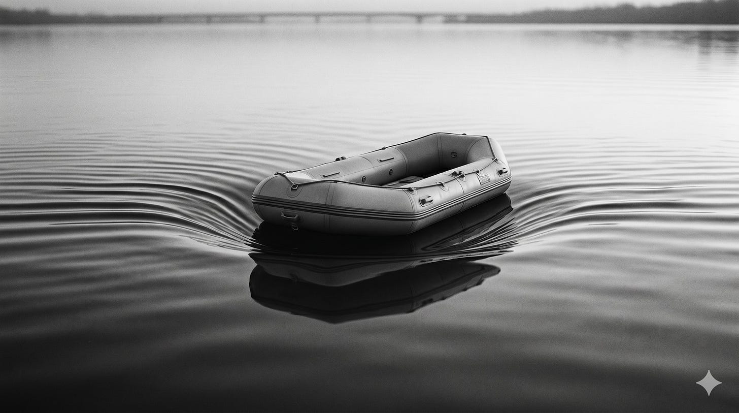 A high-contrast, black-and-white conceptual photograph of a pristine, modern life raft floating on a calm body of water. The raft is heavy enough to create a deep, smooth indentation in the water's surface, forcibly flattening and pushing away the smaller, natural ripples surrounding it. In the distant, foggy background, the faint silhouette of a bridge is visible. The image serves as a metaphor for how a singular, massive institutional rescue can distort and displace a diverse local news ecosystem.