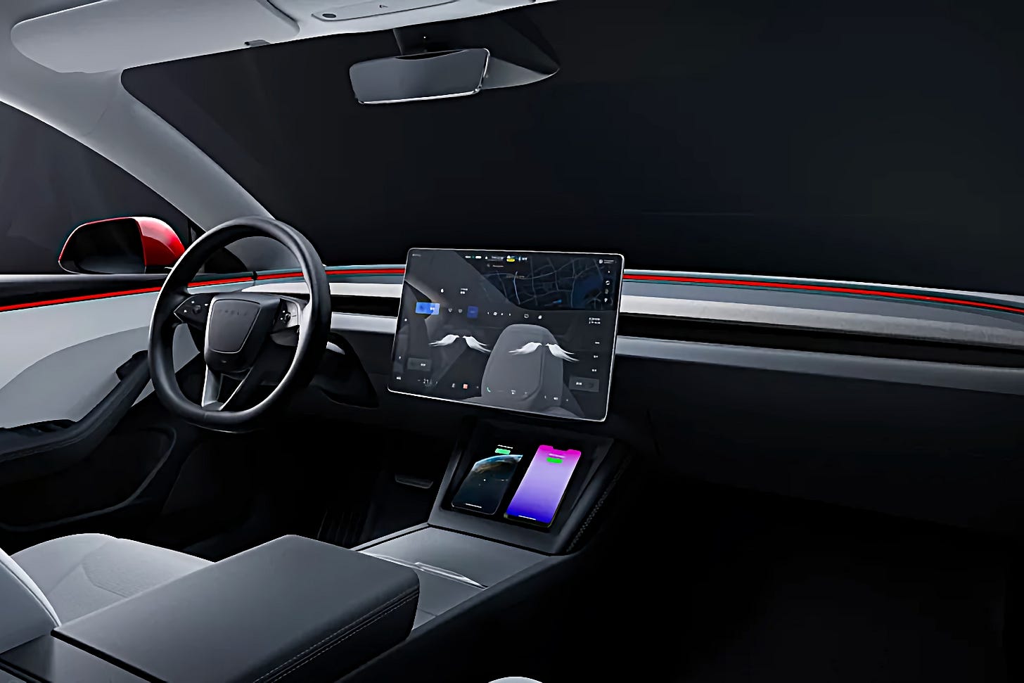 View of a 2024 Tesla Model 3 interior and dashboard from the front passenger's seat.
