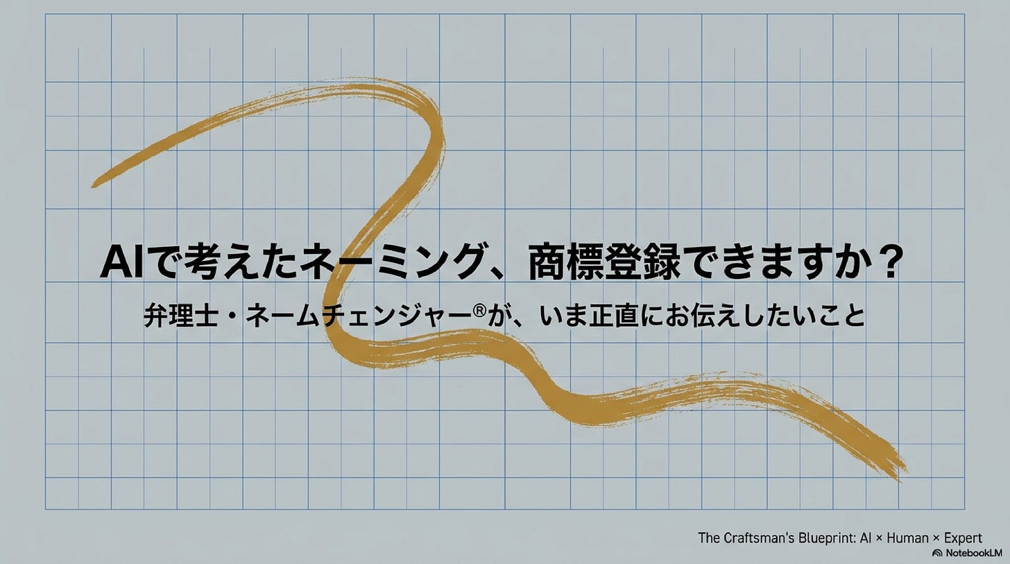 記事のアイキャッチ画像。淡い青の方眼紙(設計図)を背景に、金色の絵筆で描かれた流れるような曲線が画面全体に走っている。中央にメインタイトル「AIで考えたネーミング、商標登録できますか?」、その下にサブタイトル「弁理士・ネームチェンジャー®が、いま正直にお伝えしたいこと」。右下に「The Craftsman's Blueprint: AI × Human × Expert」のテキスト。AIと人間と専門家の協働で完成する職人技をテーマにしたデザイン。NotebookLMで作成。 記事のアイキャッチ画像。淡い青の方眼紙(設計図)を背景に、金色の絵筆で描かれた流れるような曲線が画面全体に走っている。中央にメインタイトル「AIで考えたネーミング、商標登録できますか?」、その下にサブタイトル「弁理士・ネームチェンジャー®が、いま正直にお伝えしたいこと」。右下に「The Craftsman's Blueprint: AI × Human × Expert」のテキスト。AIと人間と専門家の協働で完成する職人技をテーマにしたデザイン。NotebookLMで作成。