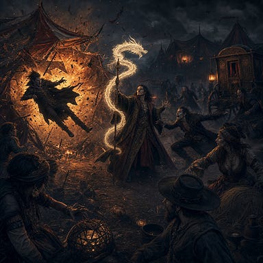 Chaos erupting in Luvash’s Vistani camp at night; Felonious revealed in flowing robes with radiant spirit dragon coiling around his staff; tent walls exploding outward from a fireball blast; Escher thrown back through torn canvas, cloak smoking; vampire spawn lunging with fangs bared; Vistani scattering around burning wagons; embers swirling through mist; Barovian Gothic atmosphere; original faces with no resemblance to real people