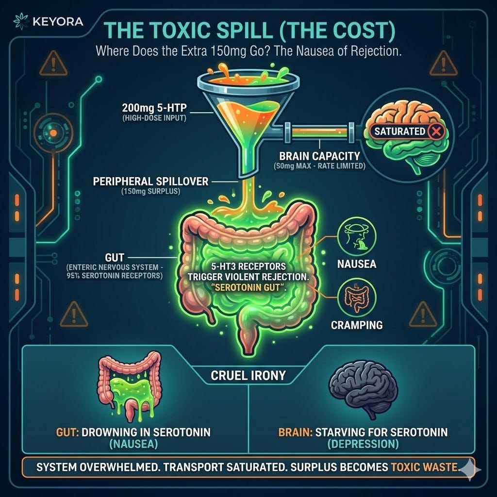 Peripheral Spillover triggers 5-HT3 receptors, causing a Neuro-Endocrine Storm in the gut and collapsing Systemic Regulator efficiency and Sovereignty. Peripheral Spillover triggers 5-HT3 receptors, causing a Neuro-Endocrine Storm in the gut and collapsing Systemic Regulator efficiency and Sovereignty.