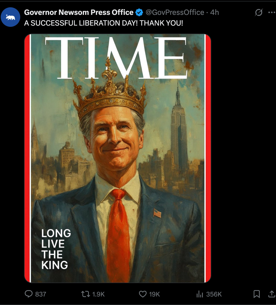 Newsom Press: "A SUCCESSFUL LIBERATION DAY! THANK YOU!" (with photoshop of Gavin dressed up as King Trump on the cover of Time magazine) Newsom Press: "A SUCCESSFUL LIBERATION DAY! THANK YOU!" (with photoshop of Gavin dressed up as King Trump on the cover of Time magazine)