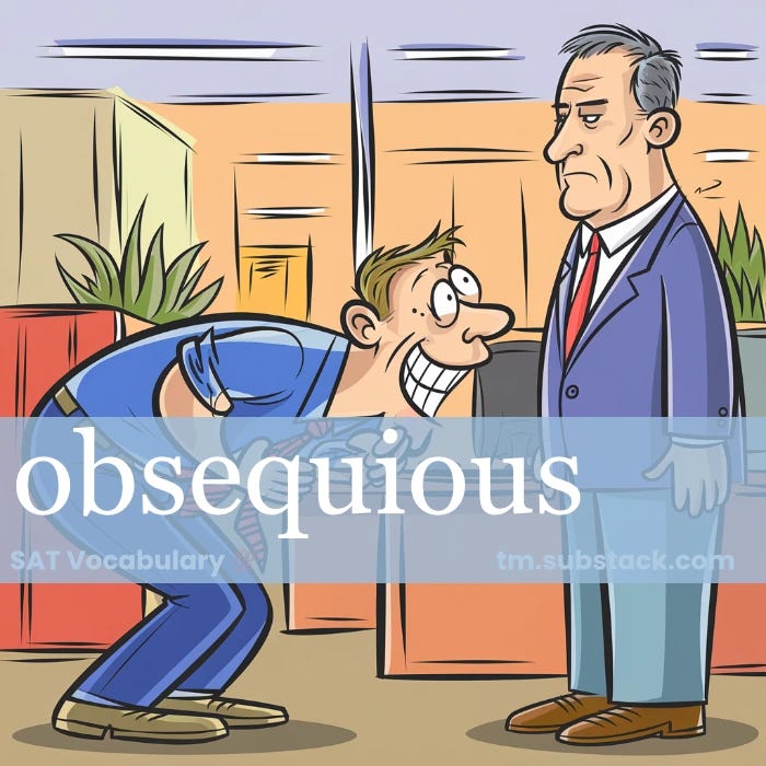 A cartoon-style office worker bowing exaggeratedly low to their boss, with an overly enthusiastic smile on their face; used to illustrate the SAT vocabulary word OBSEQUIOUS.