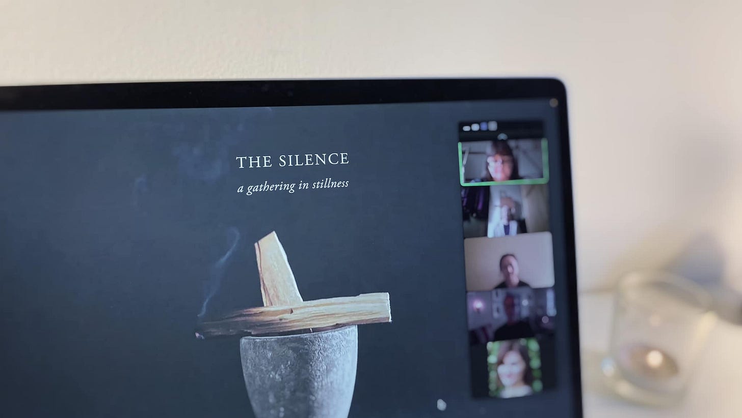 May be an image of 1 person and text that says "THE SILENCE g a gathering in stillness"