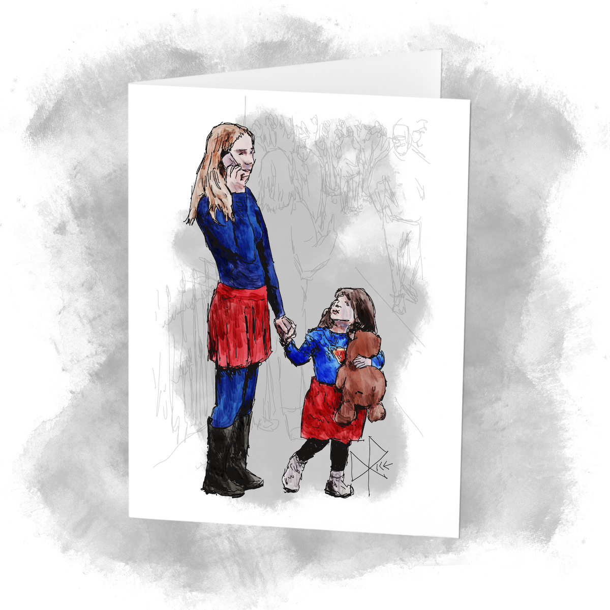 Two girls, both dressed as Supergirl, hold hands as they stand on a sidewalk. The older girl is talking on her mobile phone as the younger holds on to her stuffed bear. Sketch art by Don Rice.