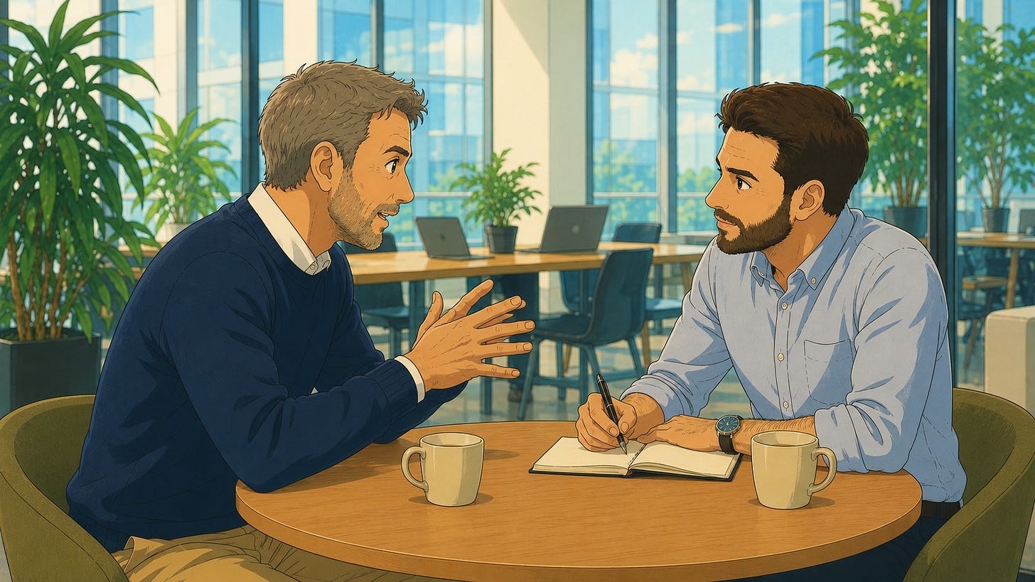 A customer discovery interview at a small round table in a bright open-plan office. The customer, an older man, gestures with both hands as he explains his situation, while the founder, a younger man sitting across from him, listens closely and takes notes by hand in an open notebook. A customer discovery interview at a small round table in a bright open-plan office. The customer, an older man, gestures with both hands as he explains his situation, while the founder, a younger man sitting across from him, listens closely and takes notes by hand in an open notebook.