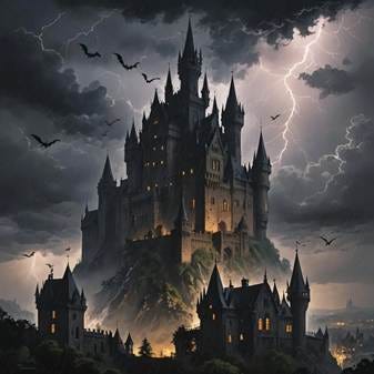 A castle on a hill with bats and lightning

AI-generated content may be incorrect.