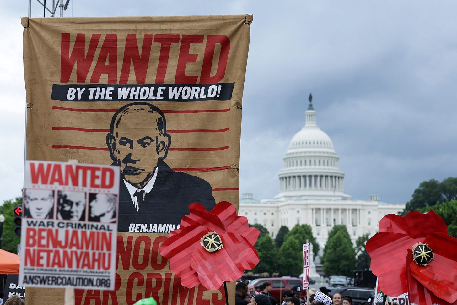WASHINGTON, DC - JULY 24: Activists participate in a pro-Palestinian protest near the U.S. Capitol on July 24, 2024 in Washington, DC. Activists staged multiple protests near the Capitol to protest the visit of Netanyahu to Washington and to protest the war in Palestine. (Photo by Alex Wong/Getty Images) WASHINGTON, DC - JULY 24: Activists participate in a pro-Palestinian protest near the U.S. Capitol on July 24, 2024 in Washington, DC. Activists staged multiple protests near the Capitol to protest the visit of Netanyahu to Washington and to protest the war in Palestine. (Photo by Alex Wong/Getty Images)