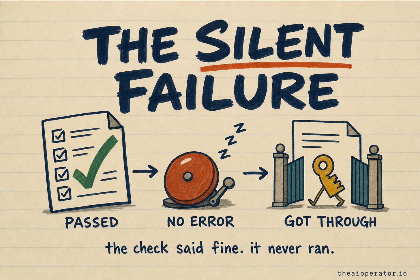 Hand-drawn sketchnote title card reading "The Silent Failure" above three objects: a checklist with a green tick labelled passed, a sleeping alarm bell labelled no error, and a document carrying a key walking through an open gate labelled got through. Hand-drawn sketchnote title card reading "The Silent Failure" above three objects: a checklist with a green tick labelled passed, a sleeping alarm bell labelled no error, and a document carrying a key walking through an open gate labelled got through.