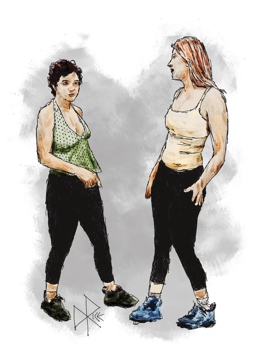 Two young women face each other, prepared to wrestle. Sketch art by Don Rice.