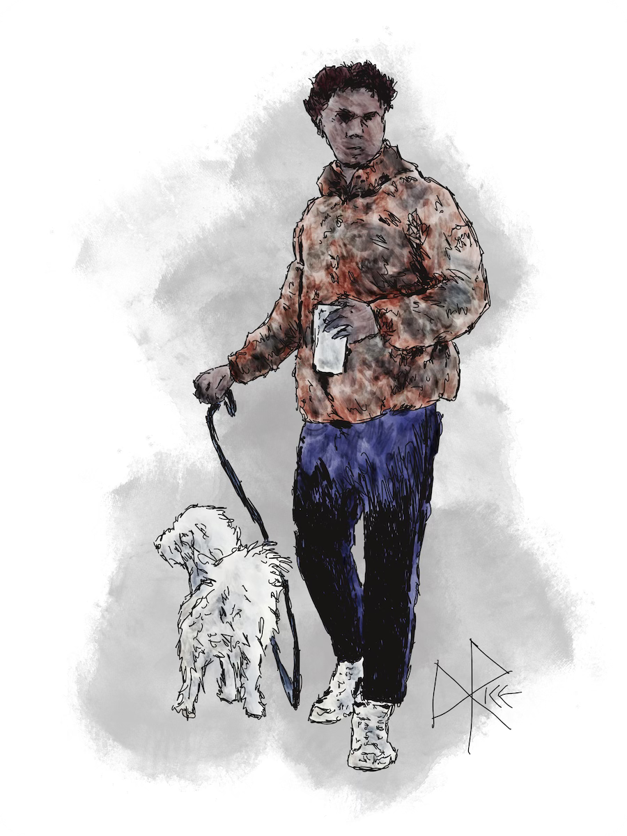 A dog sniffs at the breeze while a young man holds his coffee cup in one hand and the dog’s leash in the other. Sketch art by Don Rice. A dog sniffs at the breeze while a young man holds his coffee cup in one hand and the dog’s leash in the other. Sketch art by Don Rice.
