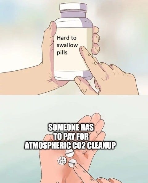 Hard to swallow pills meme. A hand holds a pill bottle labelled "Hard to swallow pills"; the pills in the other hand are labelled "Someone has to pay for atmospheric CO2 cleanup".