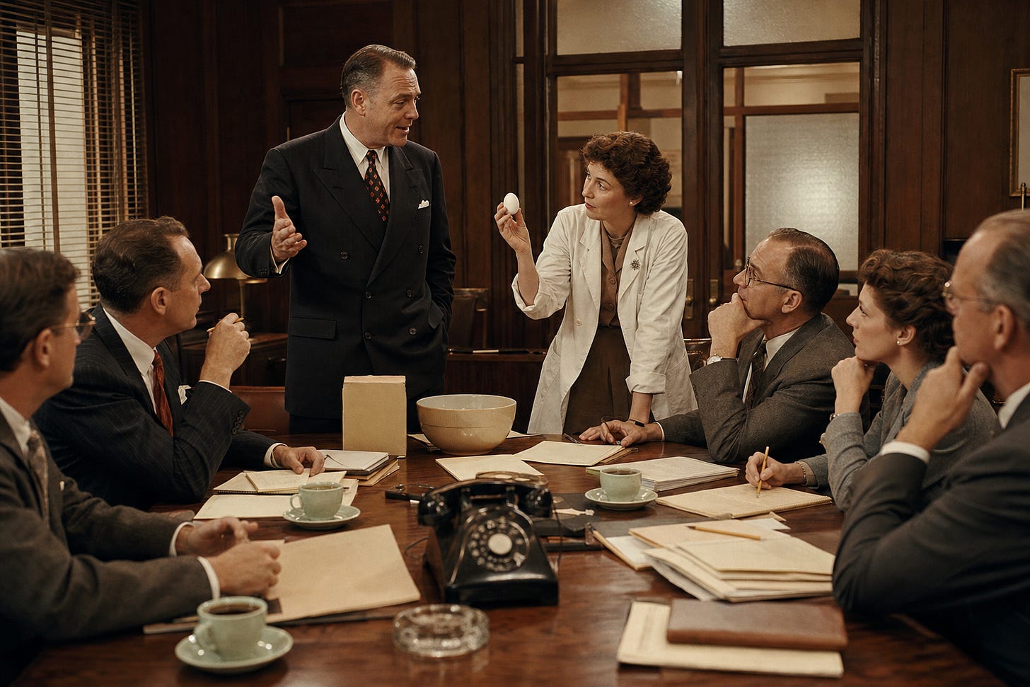 A 1949 General Mills meeting where an executive pitches cake mix as a home economist holds up a fresh egg. A 1949 General Mills meeting where an executive pitches cake mix as a home economist holds up a fresh egg.
