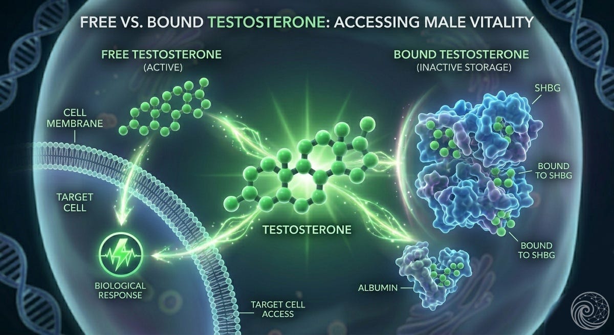 Detailed biohacking infographic titled Free vs. Bound Testosterone comparing active free hormones penetrating the cell membrane with inactive storage hormones bound to SHBG and Albumin proteins.