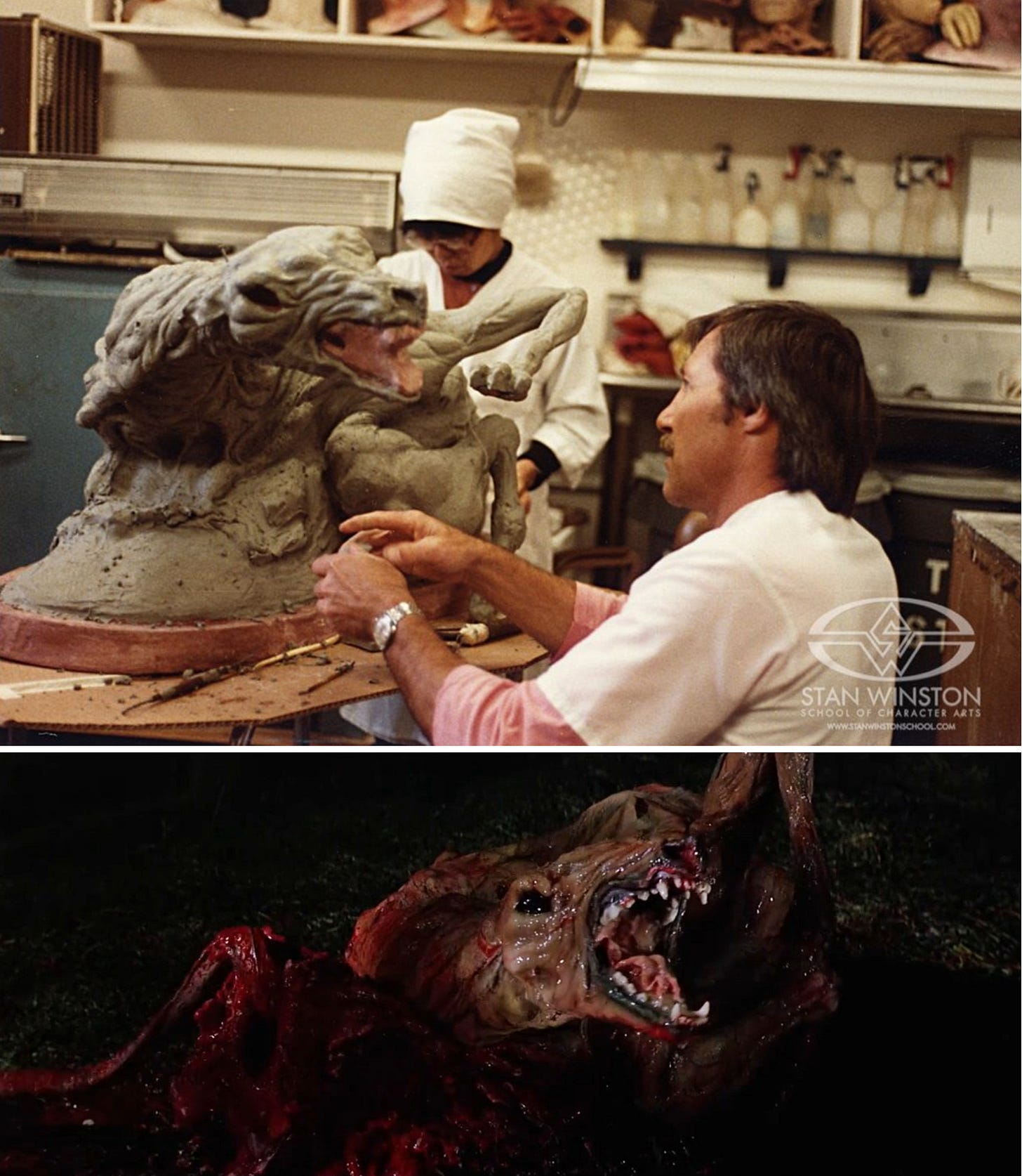 Two-image composition. Top: behind-the-scenes colour photograph from Stan Winston's studio showing Lance Anderson and Michiko Tagawa sculpting the Dog-Thing puppet in oil-based clay. Bottom: film frame from The Thing (1982) showing the finished Dog-Thing creature on screen, a mass of deformed canine flesh and exposed teeth.