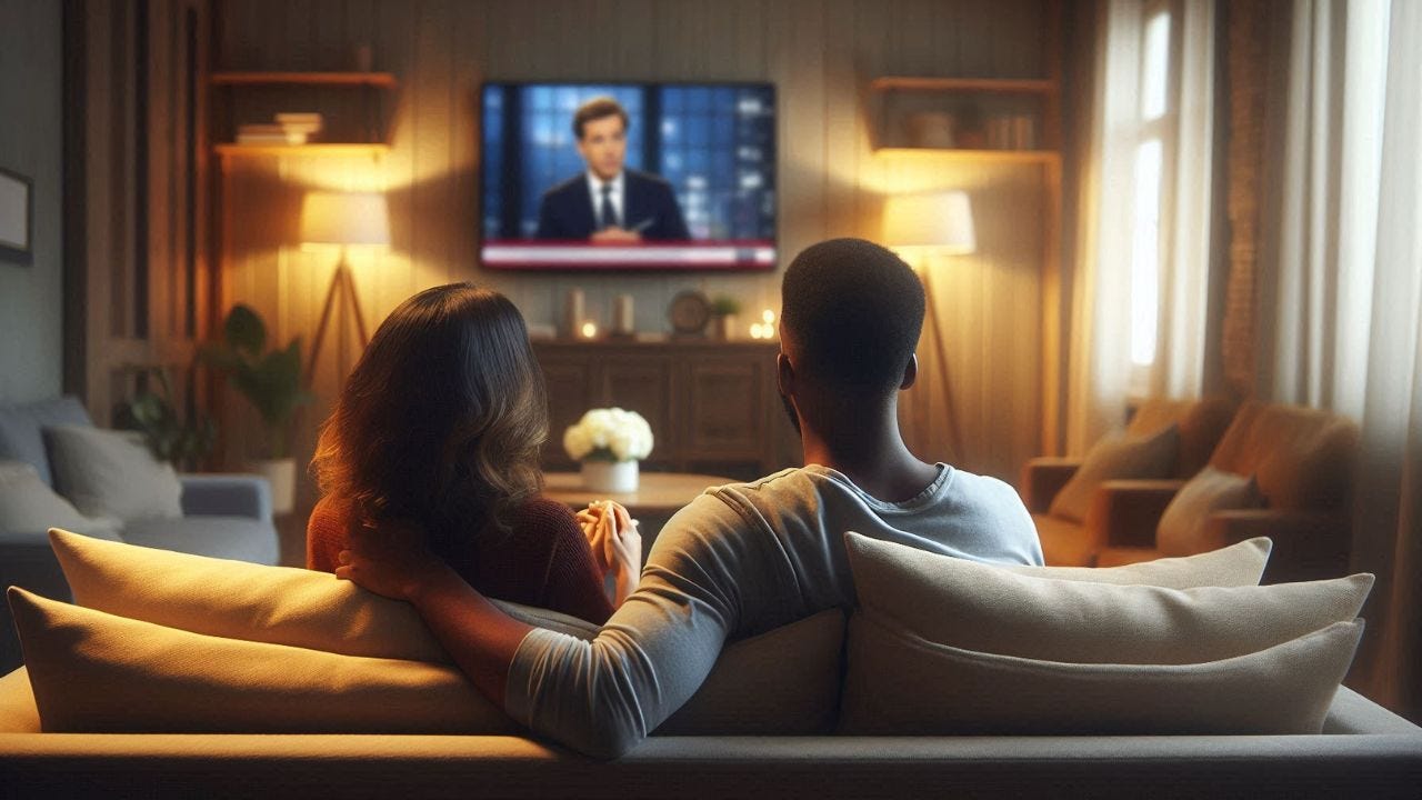 AI-generated: two people on couch seen from behind watching tv news