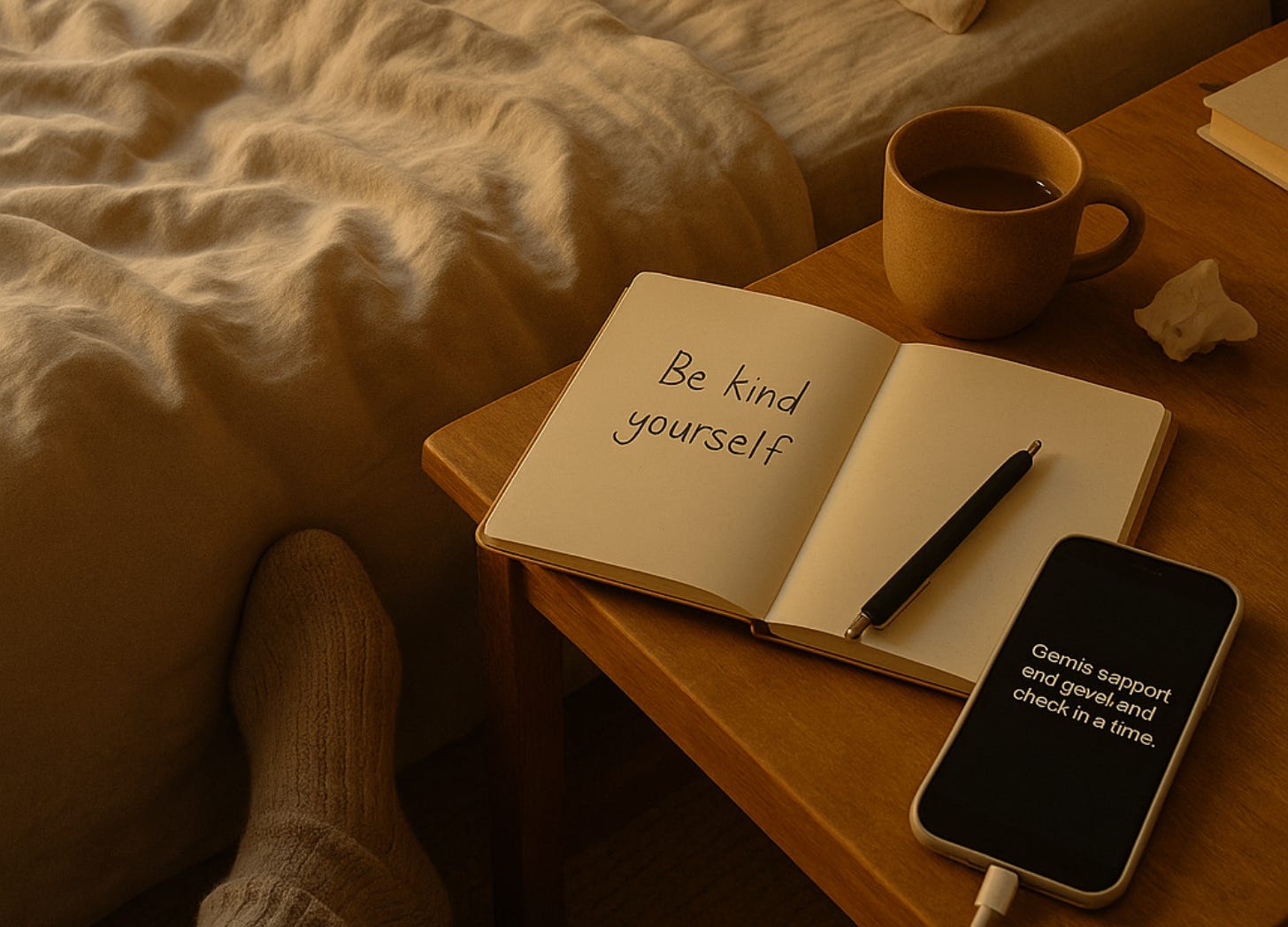 A cozy, softly lit bedroom with a rumpled bed, an open journal that reads “Be kind to yourself,” a mug of tea, and a person’s legs in sweats resting nearby. The space feels warm, quiet, and gently imperfect — like someone trying to rest, but still feeling a little worn out.