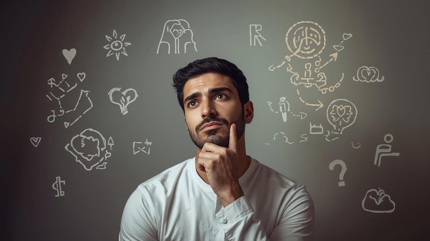 A man is deep in tough with graphic images floating around his head representing various sexualities and relationships. (Created with AI.)