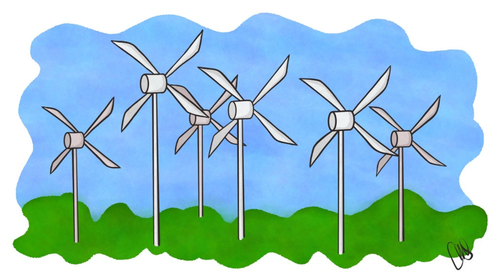Windmills that are towering over green open space. Set to spin and gather clean energy.