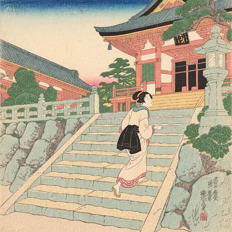 Ukiyo-e prints of a woman walking up to a temple by FLUX, GPT-4o, Ideogram, Imagen, Reve, Seedream