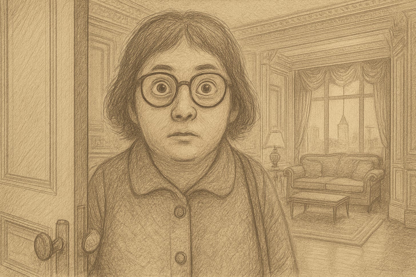 Pencil sketch of a frumpy woman with wide, curious eyes standing in the doorway of a luxurious Fifth Avenue penthouse apartment. The sepia-toned drawing shows ornate furniture, tall windows, and elegant architectural details in soft focus, evoking class contrast and introspection.