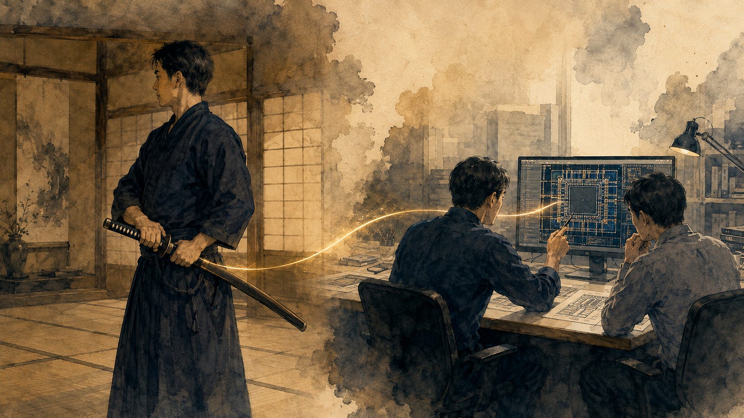 收刀待機與持續研發的雙聯概念插畫 收刀待機與持續研發的雙聯概念插畫