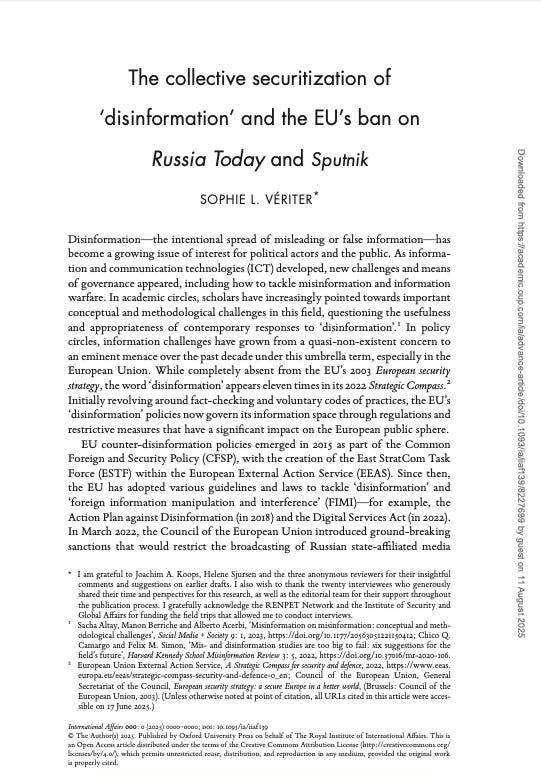 The cover of the article: "The collective securitisation of disinformation and the EU's ban on Russia Today and Sputnik" published in International Affairs