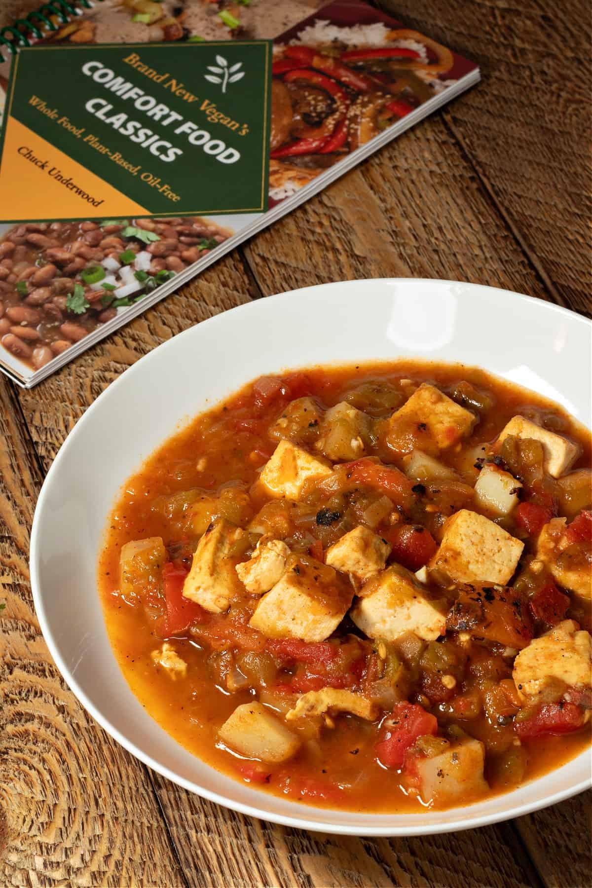 green Chile tofu stew with my new cookbook in the background