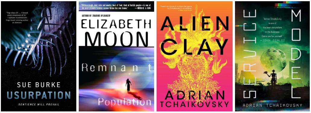 Visual display of book covers for science fiction titles listed below - designs with striking color contrasts and futuristic or alien imagery.
