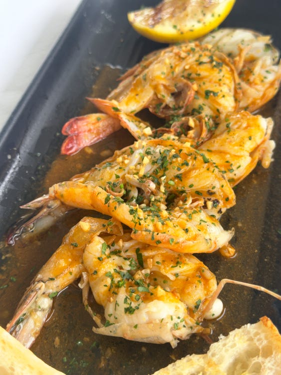 Beautifully cooked jumbo prawns at La Rosa Nautica