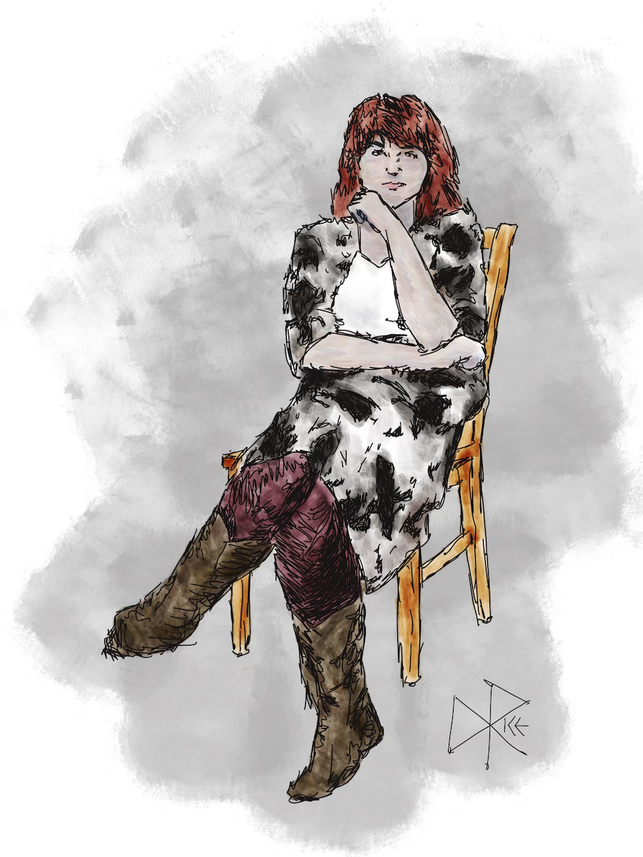 A woman seated on a wooden chair, legs crossed, wearing brown boots and a cow-print skirt and top, over a white t-shirt. Sketch art by Don Rice. A woman seated on a wooden chair, legs crossed, wearing brown boots and a cow-print skirt and top, over a white t-shirt. Sketch art by Don Rice.