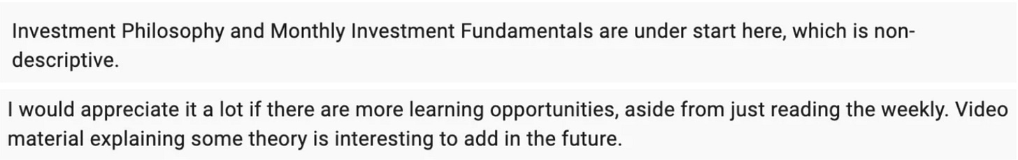 Beating The Tide subscriber survey feedback asking for clearer website organization for Investment Philosophy and Monthly Investing Fundamentals, plus more learning opportunities like video education content beyond the weekly newsletter