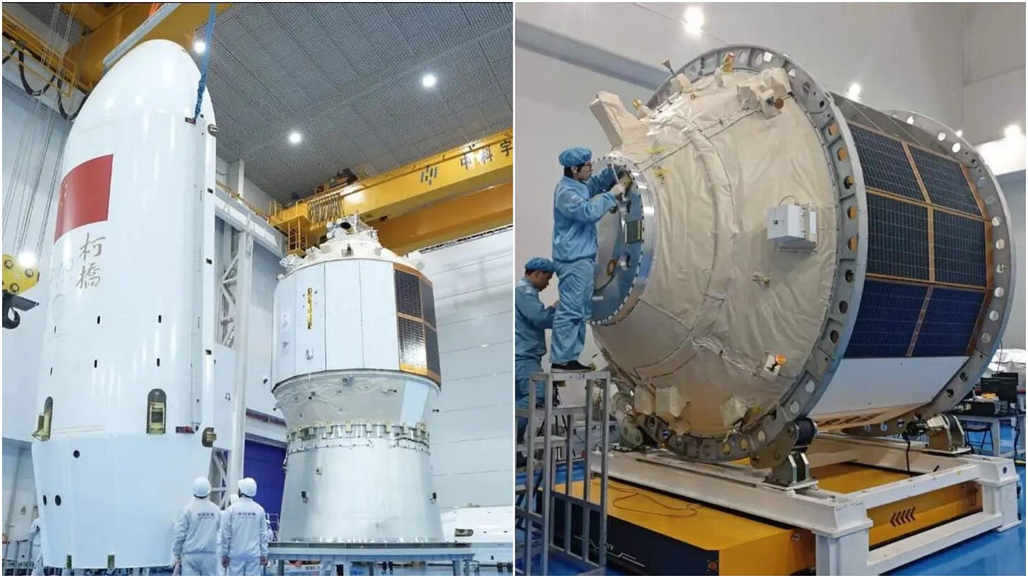 The Innovation Academy for Microsatellites, Chinese Academy of Sciences’ Qingzhou cargo spacecraft in a cleanroom at the Jiuquan Satellite Launch Center in March 2026.