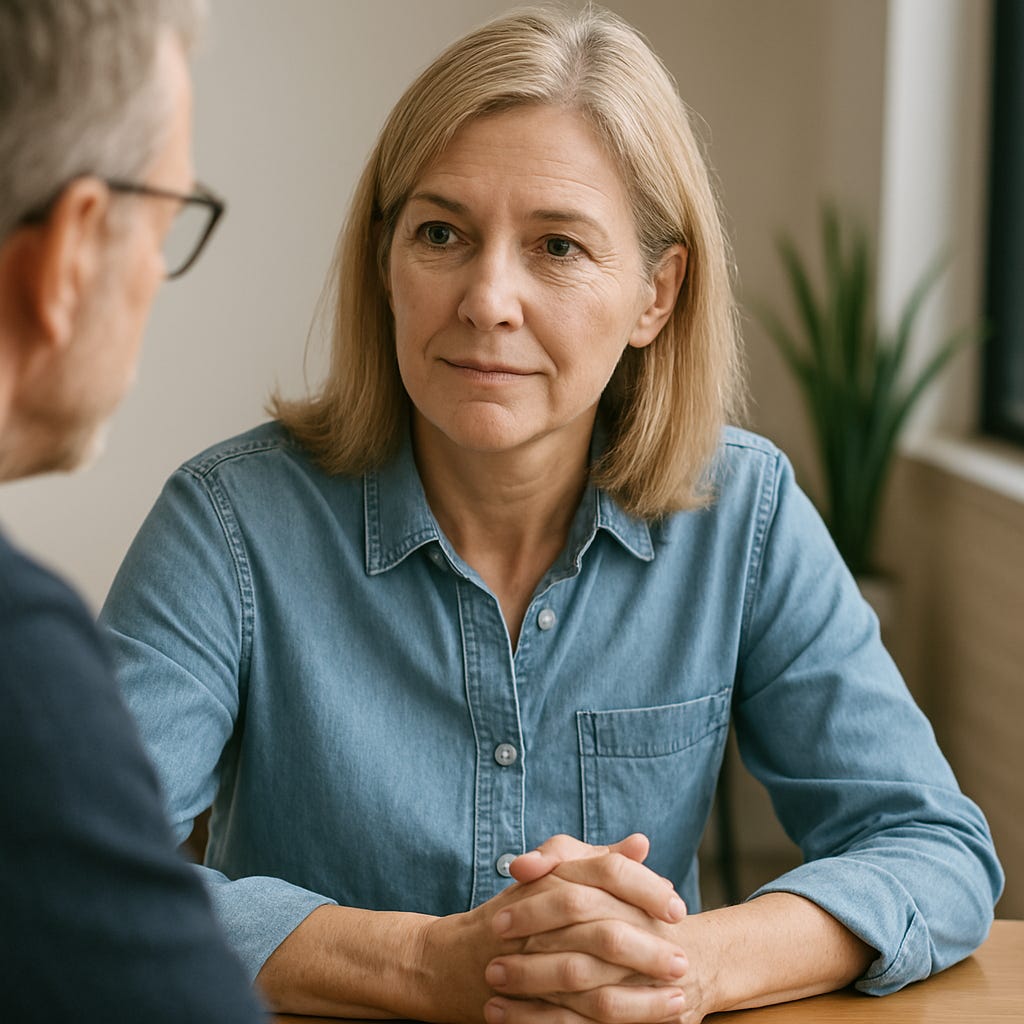 A middle-aged woman listens thoughtfully during a conversation with a man partially visible in soft focus. Natural light fills the room, creating a calm and reflective atmosphere.