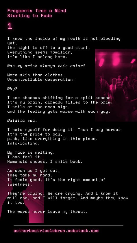 A visual composition of the texts down below, with images in pink and black tones accompanying them