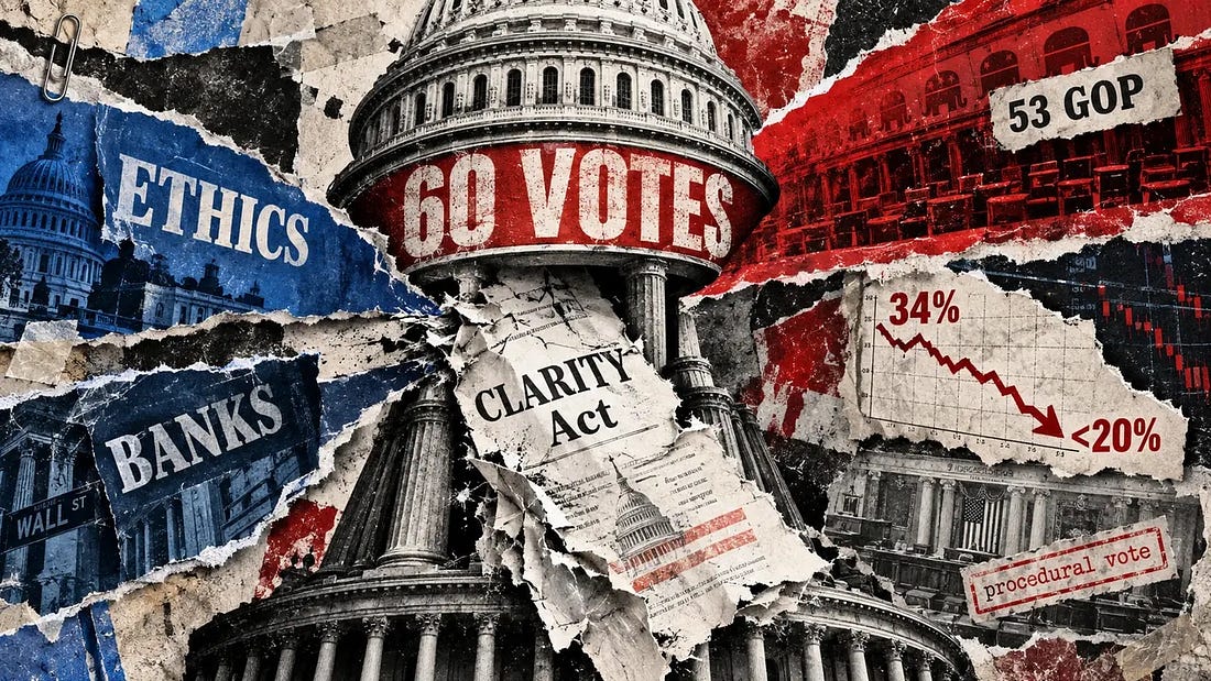 U.S. Capitol and CLARITY Act document surrounded by 60-vote pressure, banking and ethics concerns, and reported odds falling from 34% to below 20%.