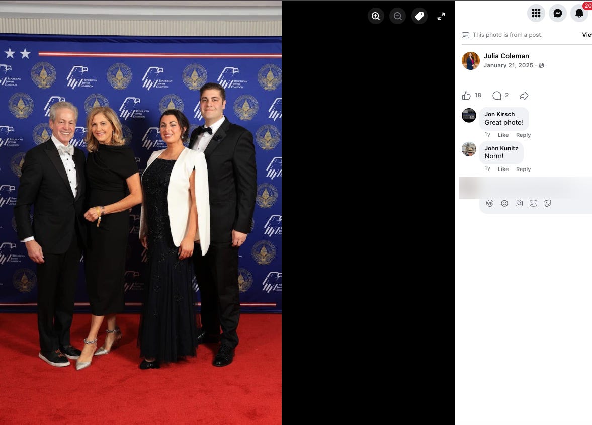 A Coleman Family group photograph against a Republican Jewish Coalition backdrop. A Coleman Family group photograph against a Republican Jewish Coalition backdrop.