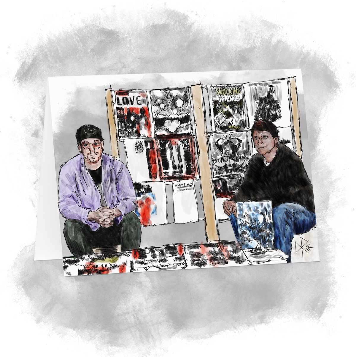 Two men, seated in their stall at a market, hawking t-shirts that they have created and printed. Sketch art by Don Rice. Two men, seated in their stall at a market, hawking t-shirts that they have created and printed. Sketch art by Don Rice.