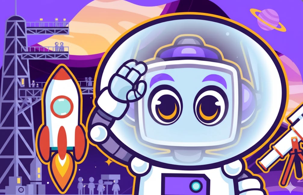 Neuralbuddy astronaut character adjusting helmet visor and inspecting a rocket before launch, with planets and stars in a purple and orange space background.
