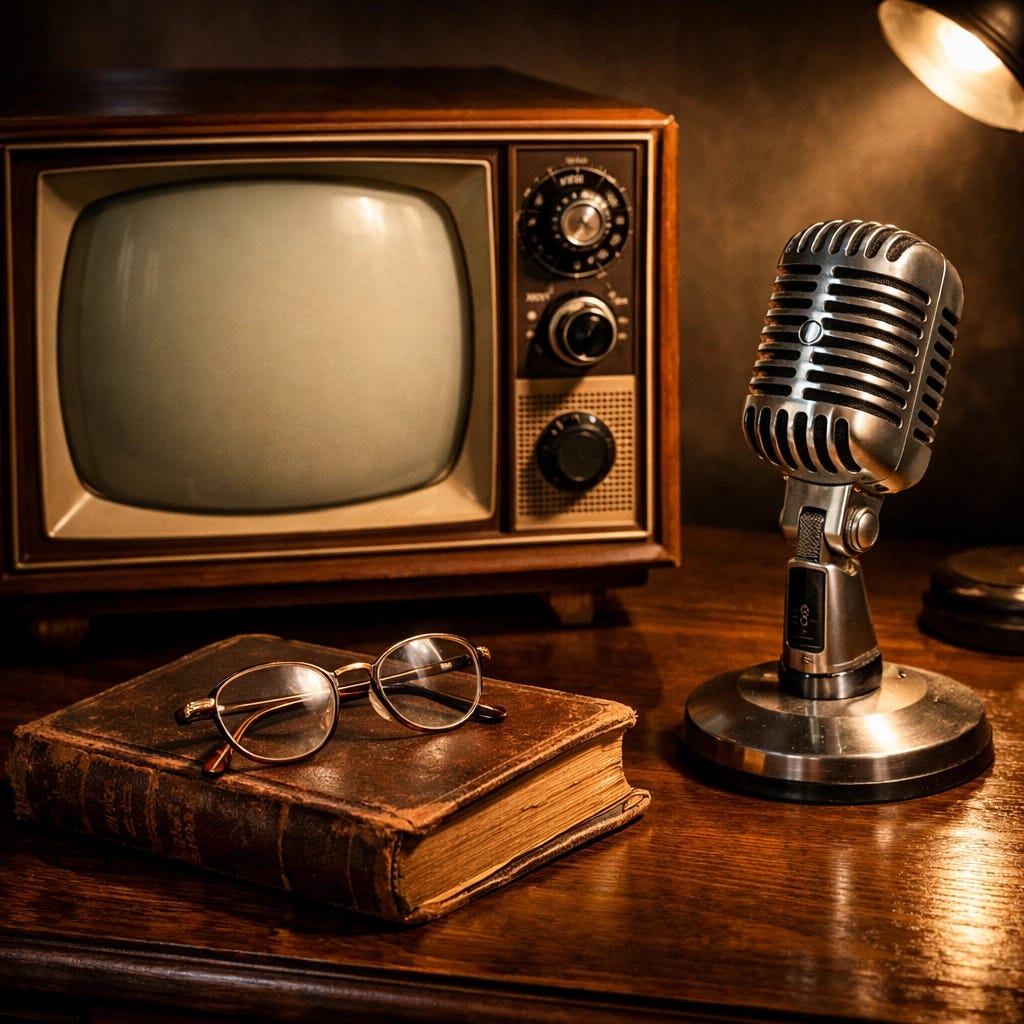 Vintage broadcast microphone and book representing the golden age of Catholic media evangelization.