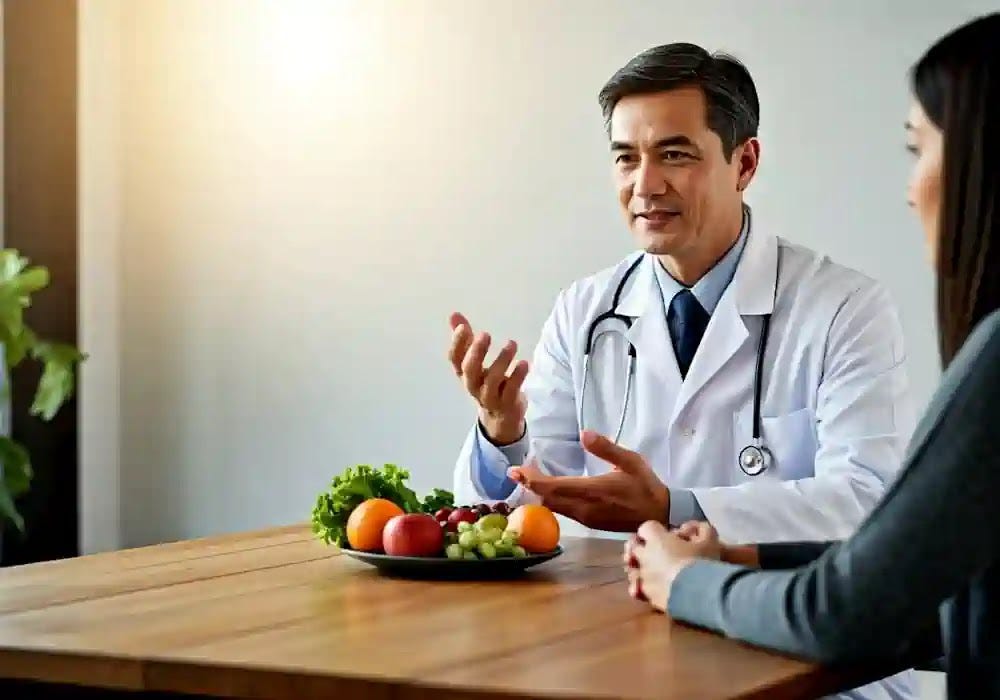 A doctor and patient sitting at a table, discussing a plate of healthy food.