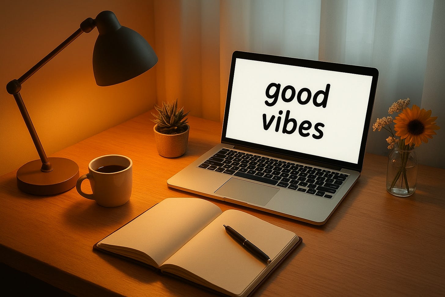 Cozy desk with a laptop showing “good vibes,” open notebook, coffee mug, plant, and flowers.