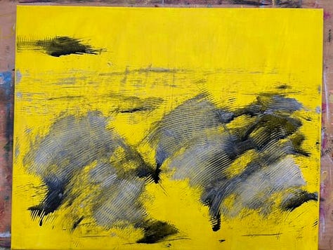3 photos showing the growth of a painting strating with a yellow background, then with some grey marks, to a final rocks on a beach scene