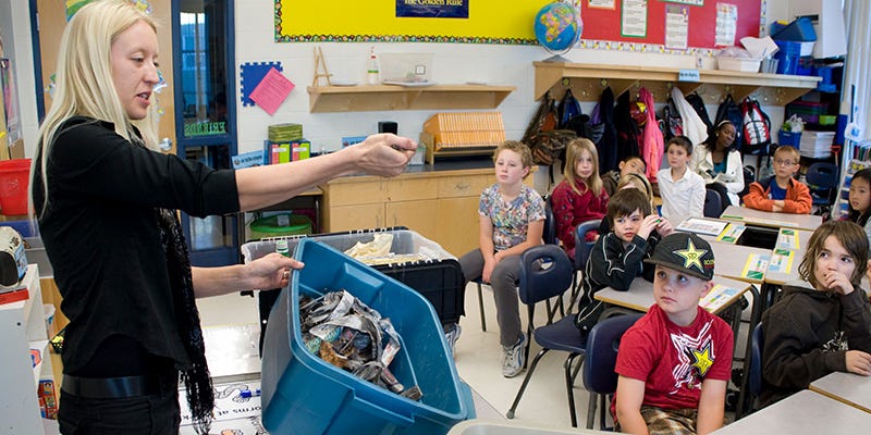 A classroom waste-education presentation with a recycling container A classroom waste-education presentation with a recycling container