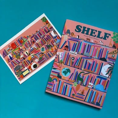 Image of 'SHELF' magazine and accompanying illustrated postcard