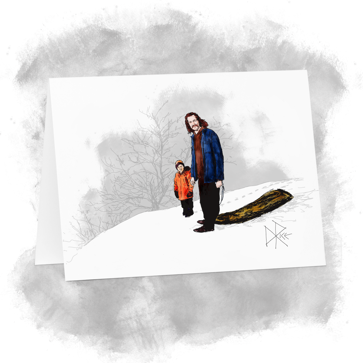 A man and boy stand at the top of a hill after climbing up the other side, ready to mount the plastic sled that they have brought with them. Sketch art by Don Rice.