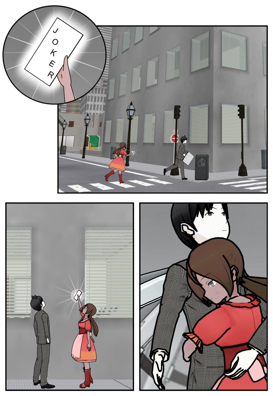 Jackie and Ace follow the Joker card as it points up to a high-rise building. Jackie holds onto Ace as he activates his wings.