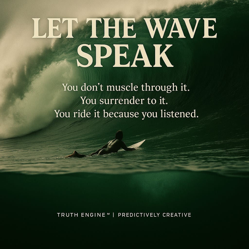 Close-up of a surfer’s ankle releasing the leash clip as a wave curls in gold-green light — symbol of letting go and trust.